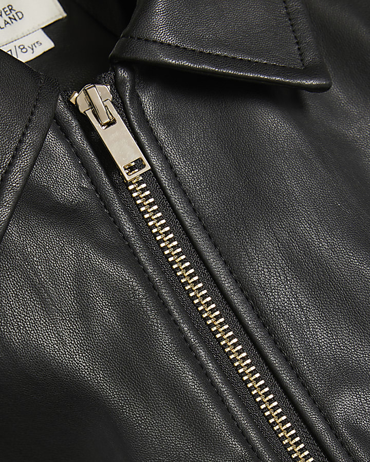 Girls Black Faux Leather Bubble Bomber Jacket