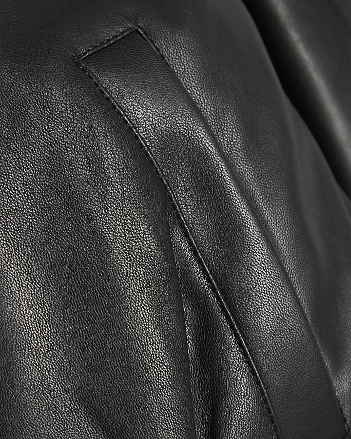 Girls Black Faux Leather Bubble Bomber Jacket