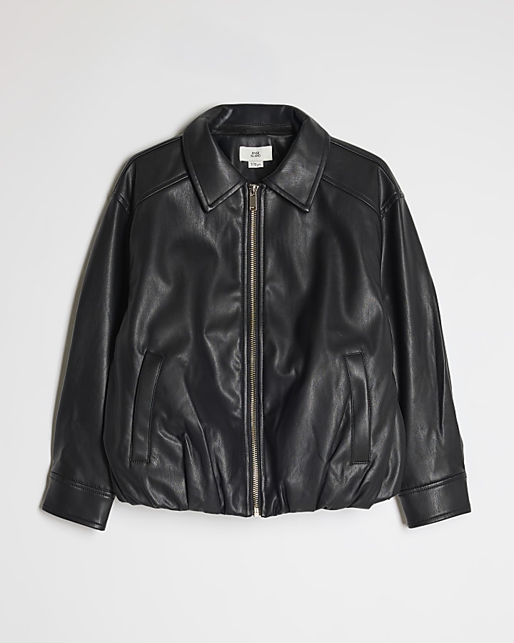 Girls Black Faux Leather Bubble Bomber Jacket