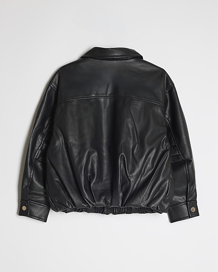 Girls Black Faux Leather Bubble Bomber Jacket