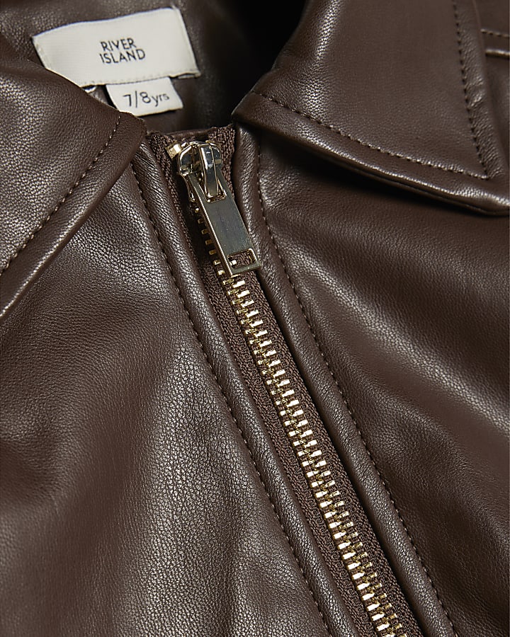 Girls Brown Faux Leather Bubble Bomber Jacket