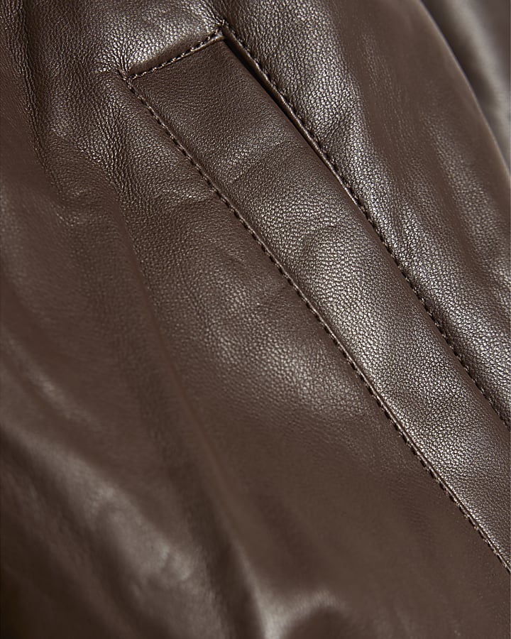 Girls Brown Faux Leather Bubble Bomber Jacket