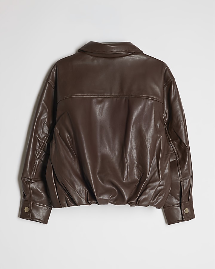 Girls Brown Faux Leather Bubble Bomber Jacket