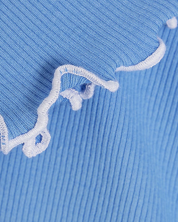 Girls Blue Lettuce Hem Crop T-Shirt