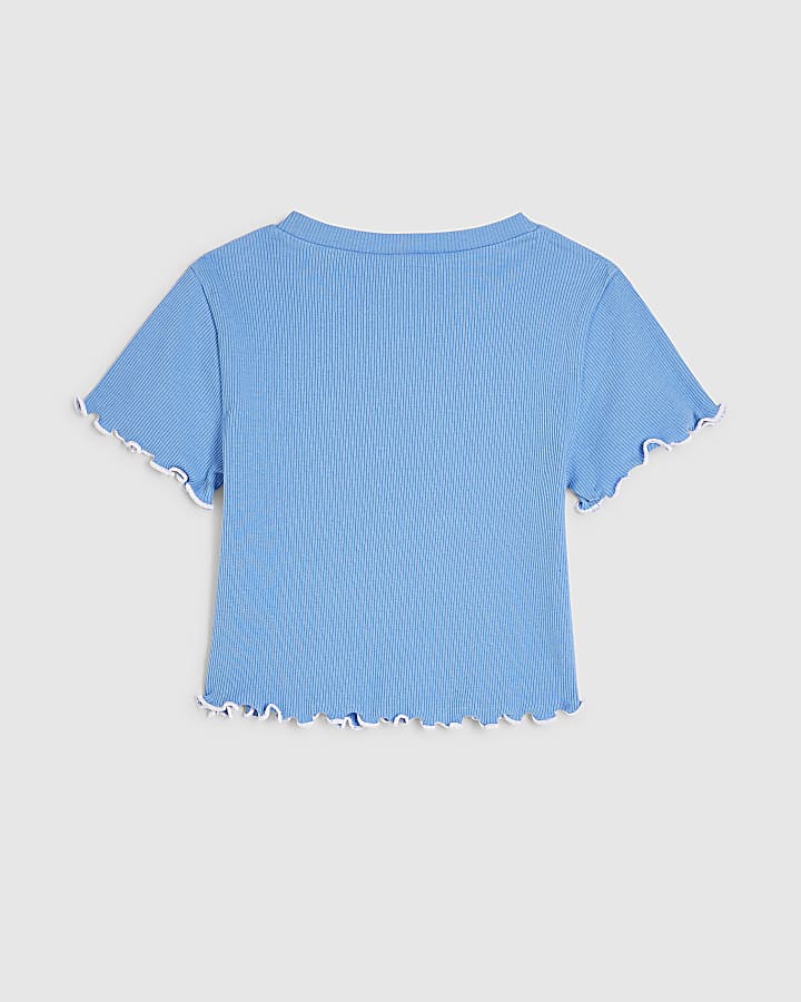 Girls Blue Lettuce Hem Crop T-Shirt