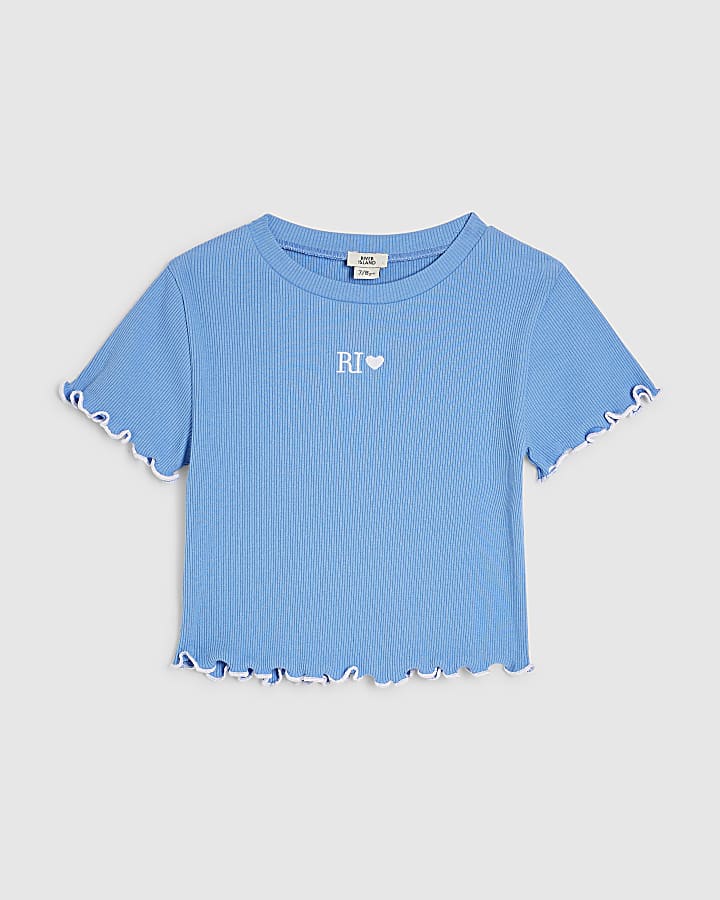 Girls Blue Lettuce Hem Crop T-Shirt