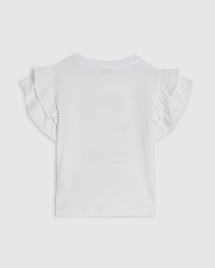 Mini Girls White Bear Graphic Frill Top