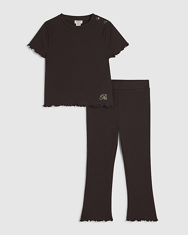 Mini Girls Brown Textured T-Shirt Legging Set