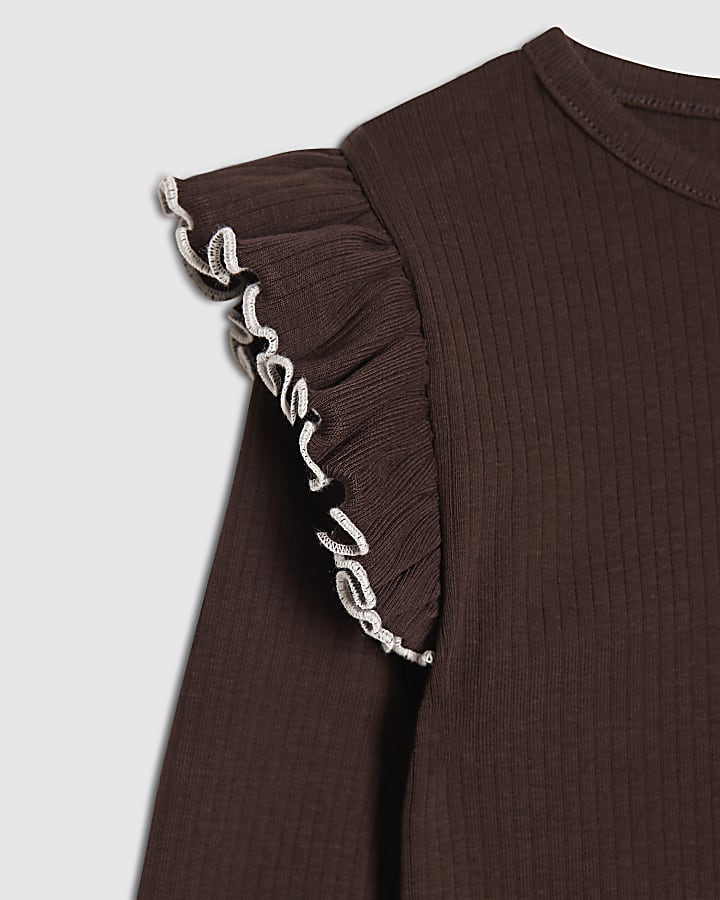 Mini Girls Brown Frilled Ribbed Top Set