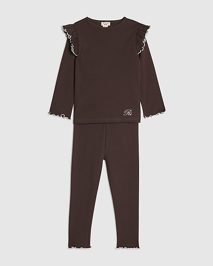 Mini Girls Brown Frilled Ribbed Top Set