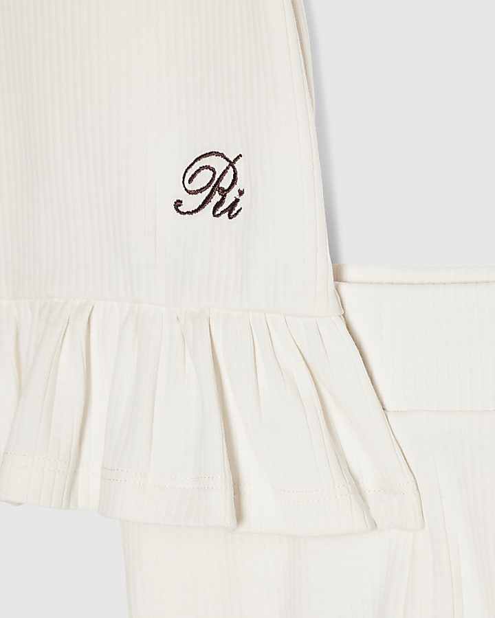 Mini Girls Cream Frilled Ribbed Top Set
