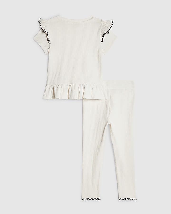Mini Girls Cream Frilled Ribbed Top Set