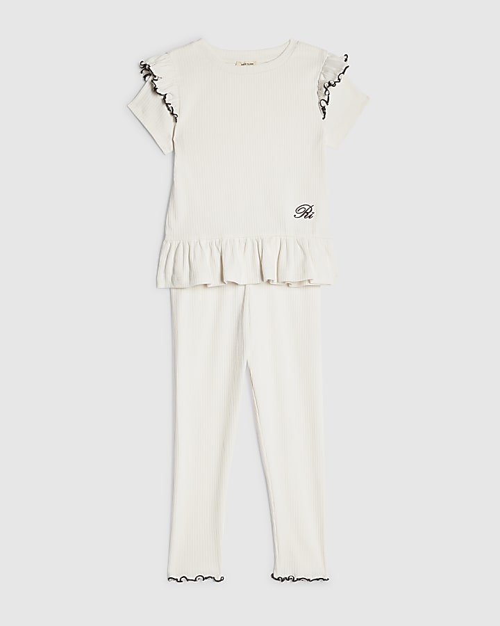 Mini Girls Cream Frilled Ribbed Top Set