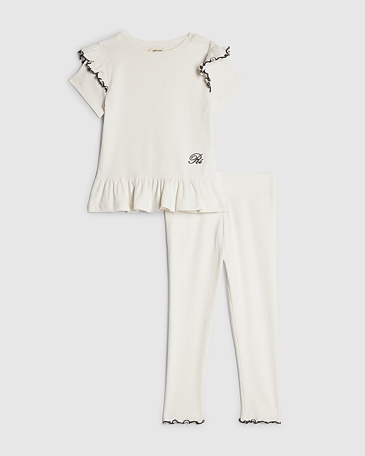 Mini Girls Cream Frilled Ribbed Top Set