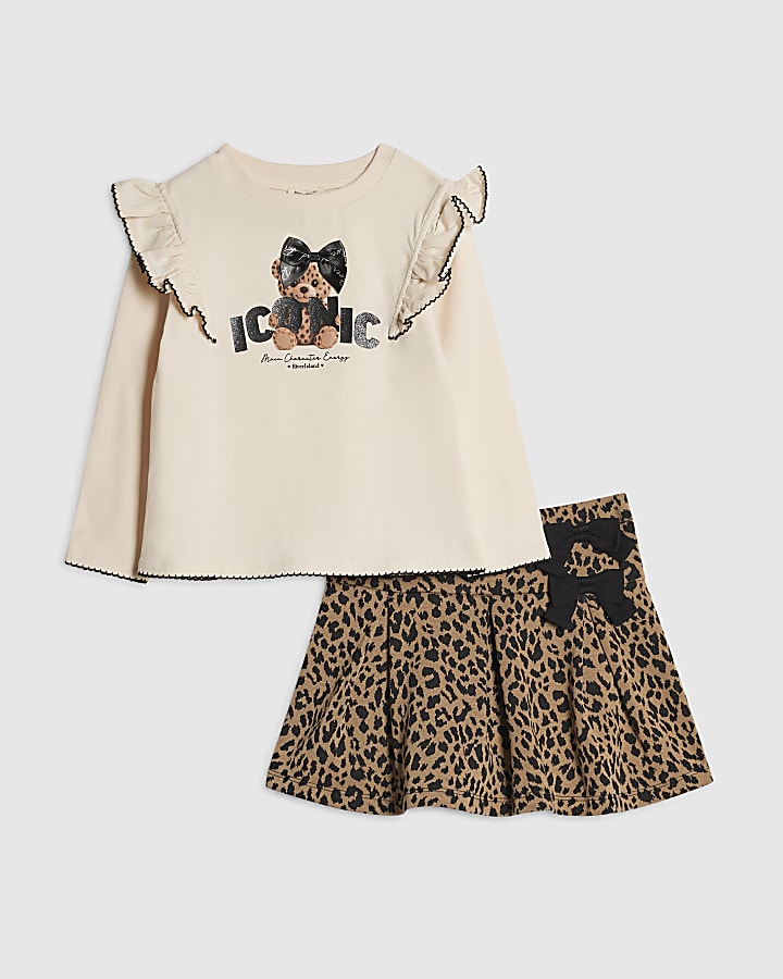 Mini Girls White Leopard Print Skirt Set