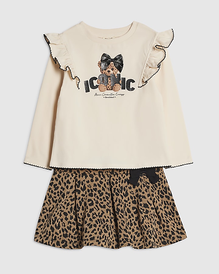 Mini Girls White Leopard Print Skirt Set