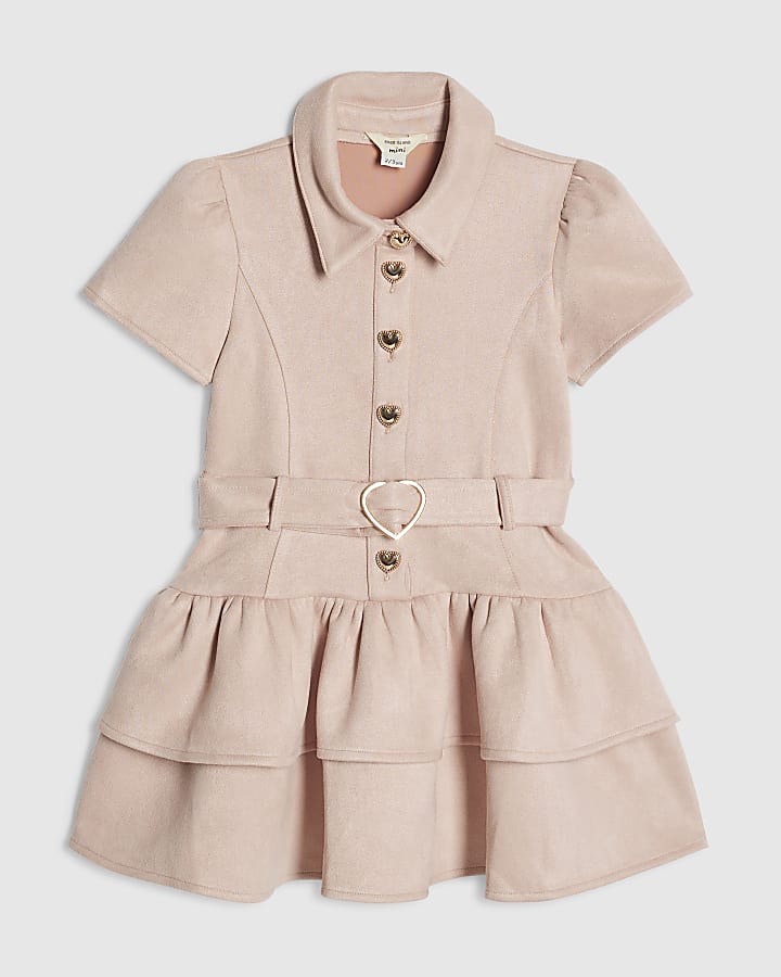 Mini Girls Pink Collared Faux Suedette Dress