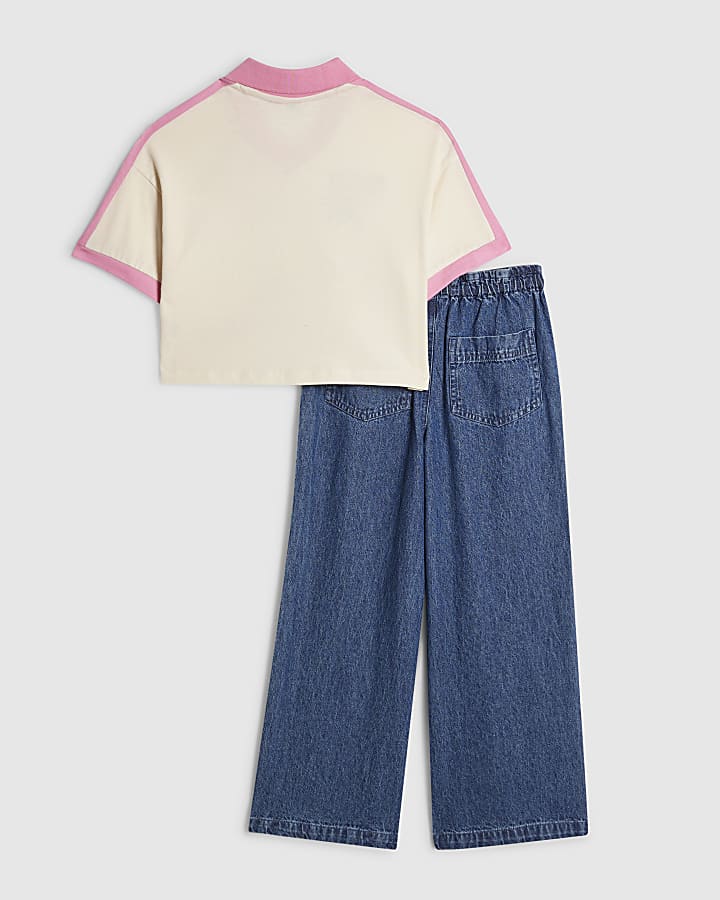 Girls Collegiate Polo Top and Jeans Set