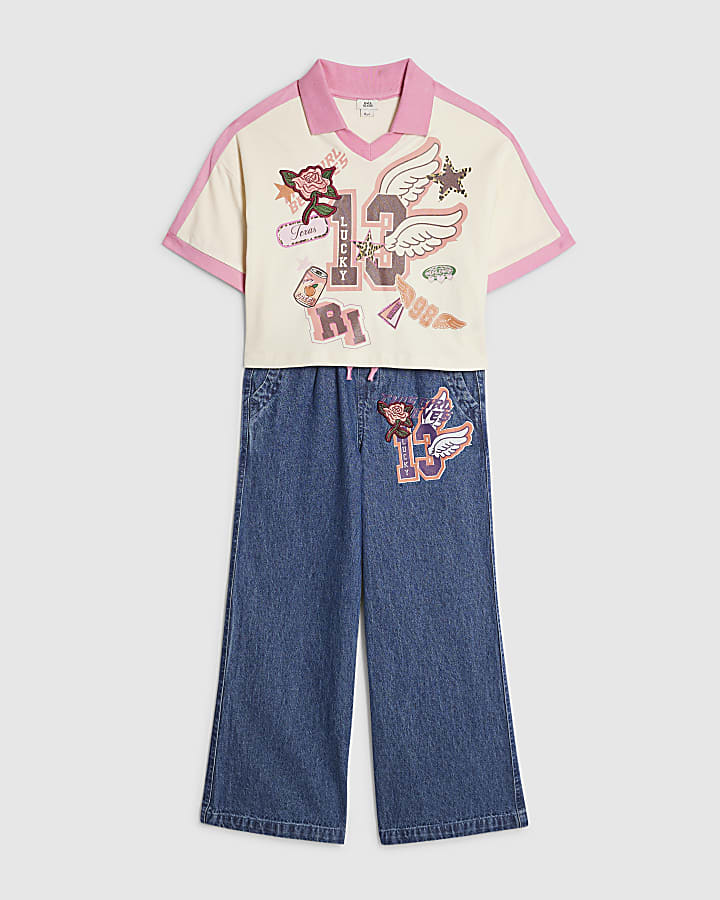 Girls Collegiate Polo Top and Jeans Set