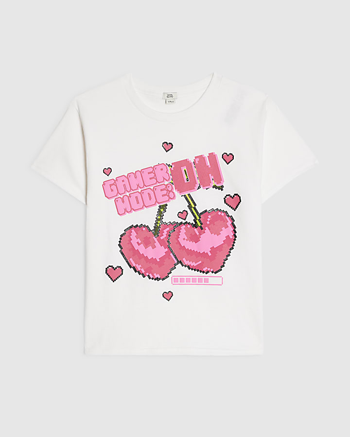 Girls White Cherry Gamer T-Shirt