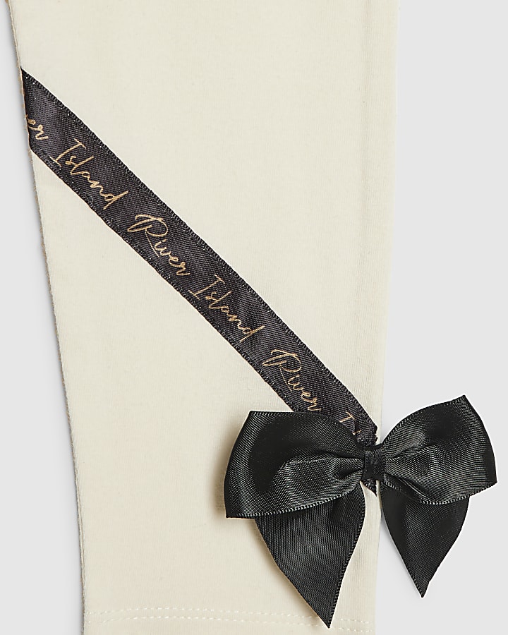 Mini Girls Cream Satin Bow T-Shirt Set