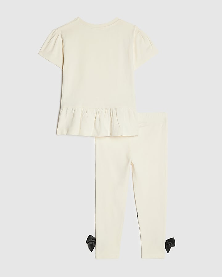 Mini Girls Cream Satin Bow T-Shirt Set
