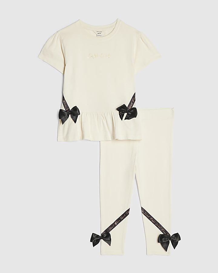 Mini Girls Cream Satin Bow T-Shirt Set