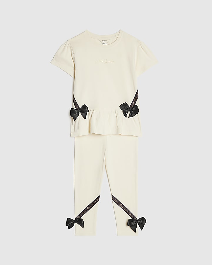 Mini Girls Cream Satin Bow T-Shirt Set