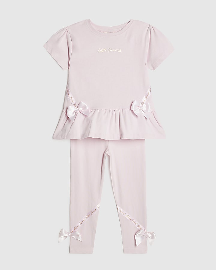 Mini Girls Pink Satin Bow T-Shirt Set