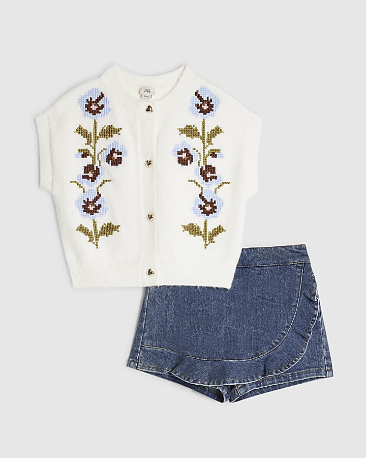 Girls White Knitted Flower Cardigan Set