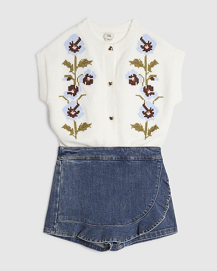 Girls White Knitted Flower Cardigan Set