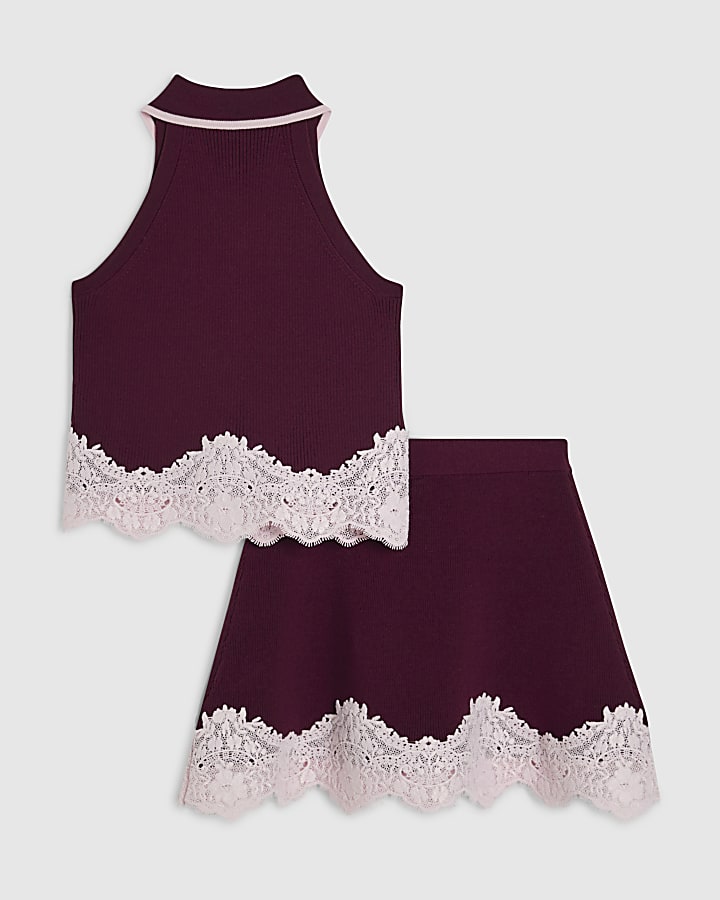 Girls Burgundy Lace Hem Polo Top Set