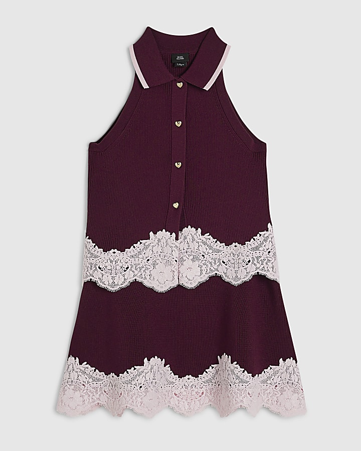 Girls Burgundy Lace Hem Polo Top Set