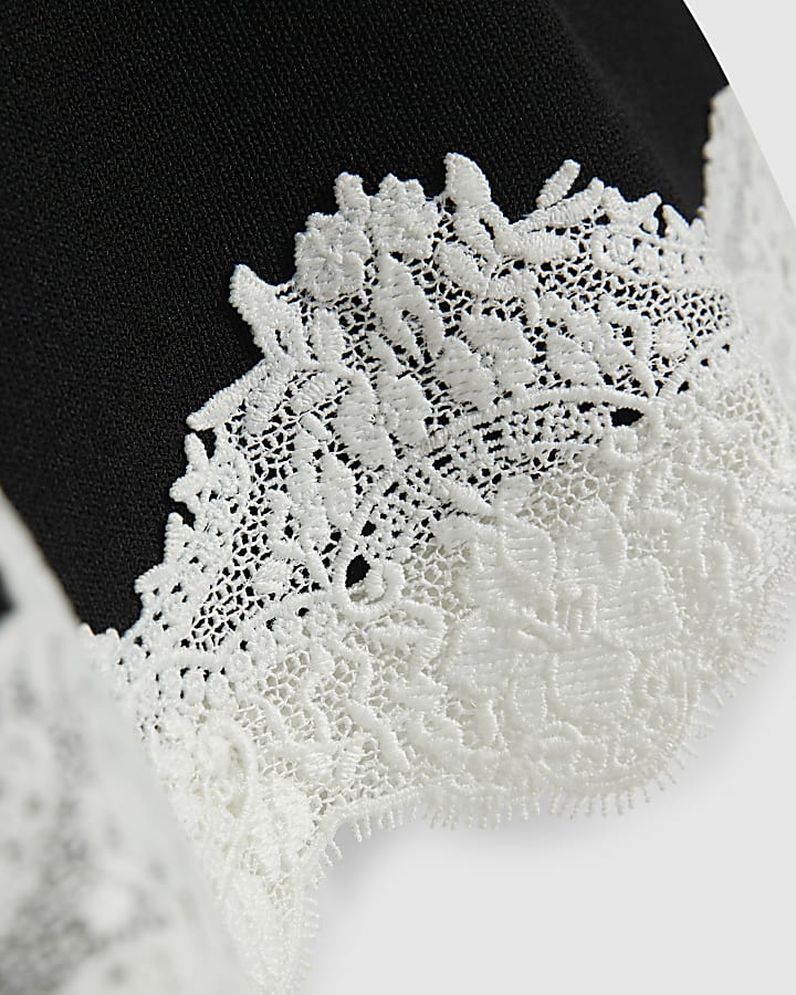 Girls Black Lace Hem Polo Top Set