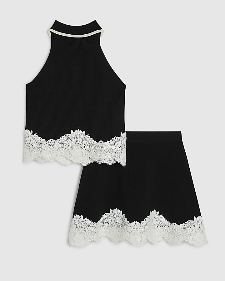 Girls Black Lace Hem Polo Top Set