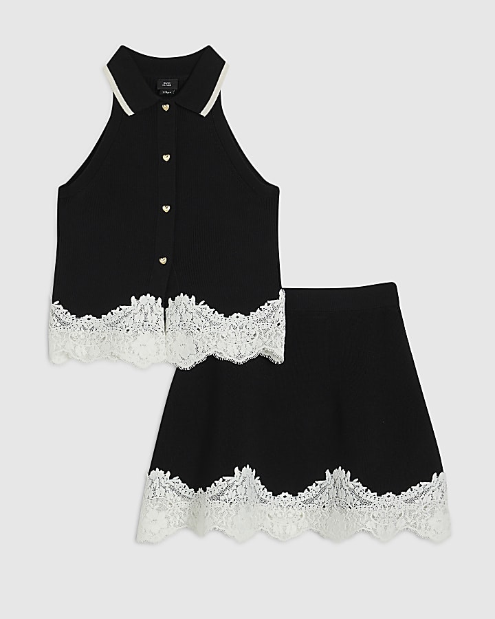 Girls Black Lace Hem Polo Top Set