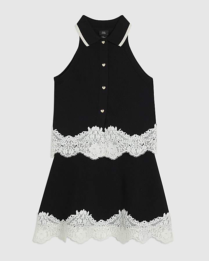 Girls Black Lace Hem Polo Top Set