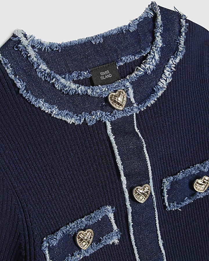 Girls Dark Blue Ribbed Knit Denim Top