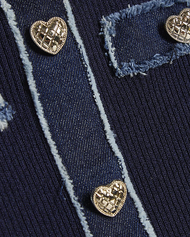 Girls Dark Blue Ribbed Knit Denim Top