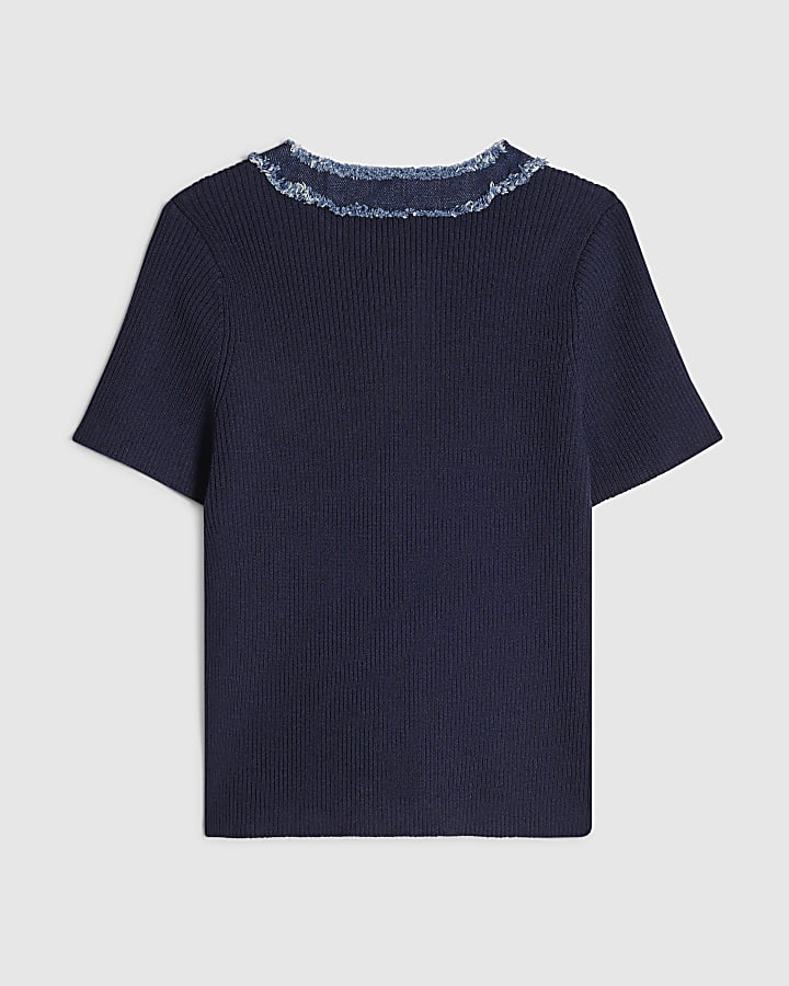Girls Dark Blue Ribbed Knit Denim Top