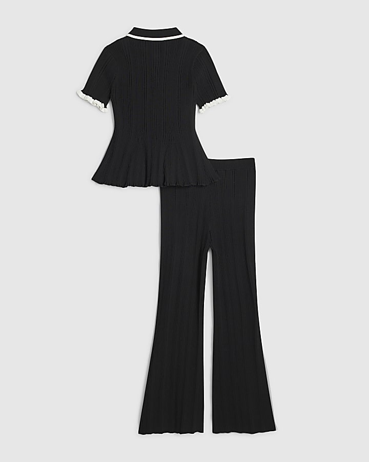 Girls Black Knitted Peplum Top &Trouser Set