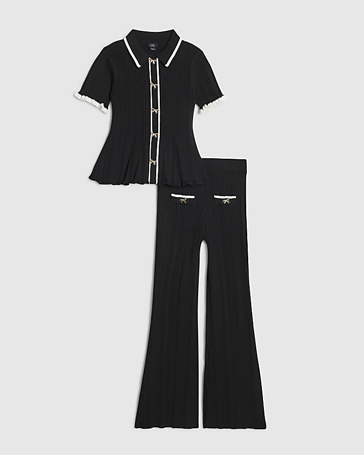 Girls Black Knitted Peplum Top &Trouser Set