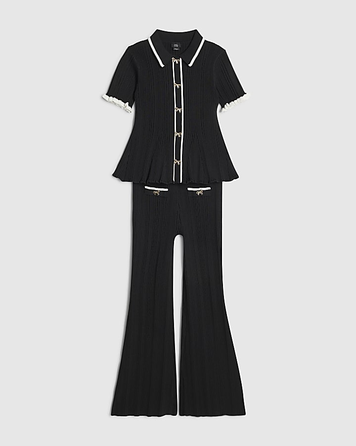 Girls Black Knitted Peplum Top &Trouser Set