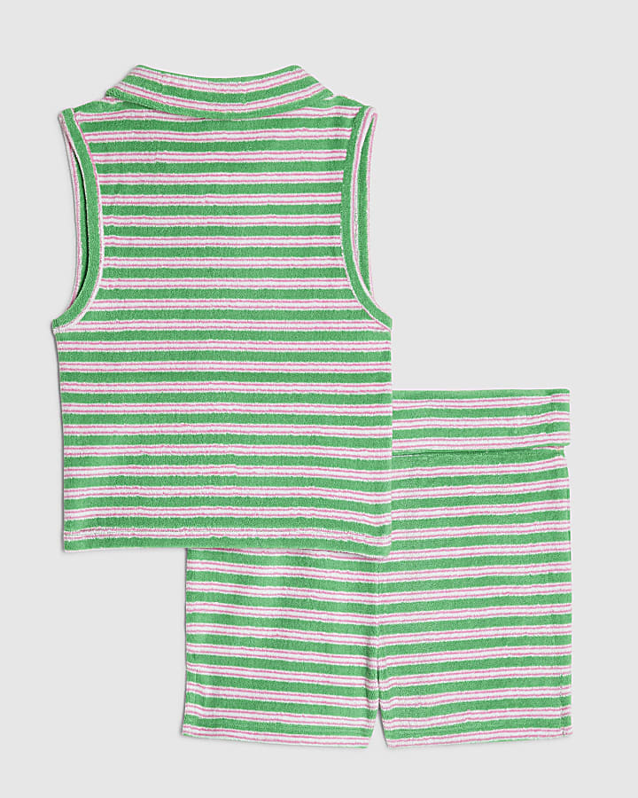 Girls Green Stripe Towelling Shorts Set