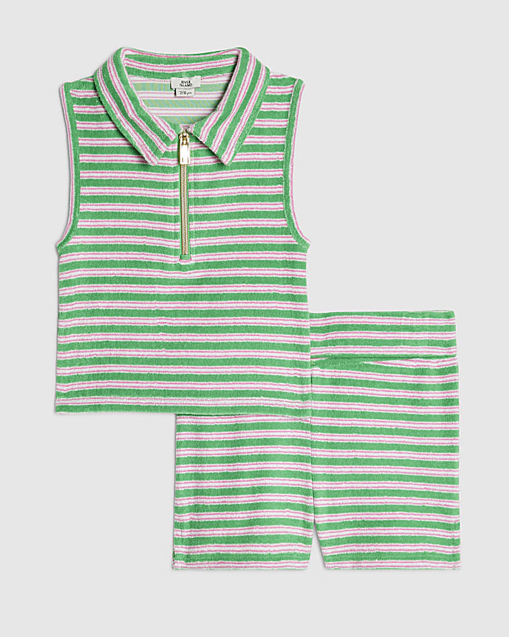 Girls Green Stripe Towelling Shorts Set