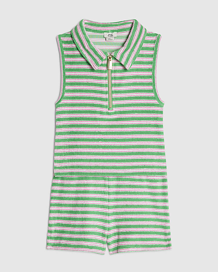 Girls Green Stripe Towelling Shorts Set