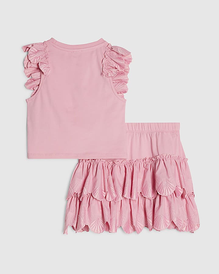 Girls Pink Sleeveless Top And Shell Skirt Set