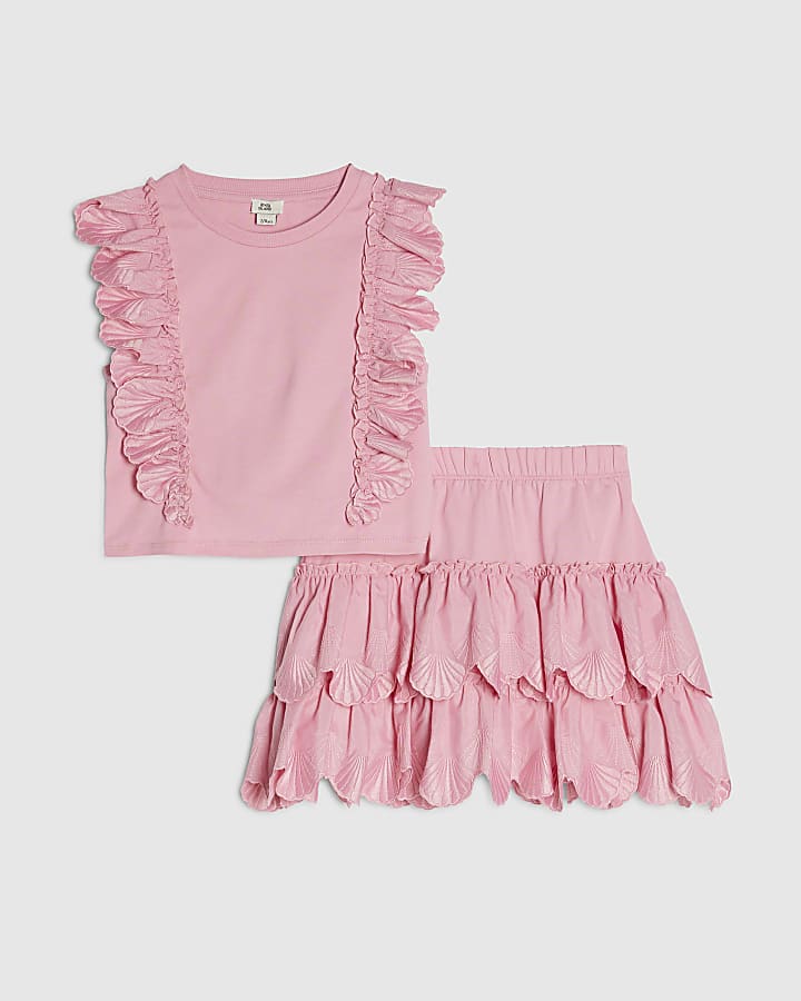 Girls Pink Sleeveless Top And Shell Skirt Set