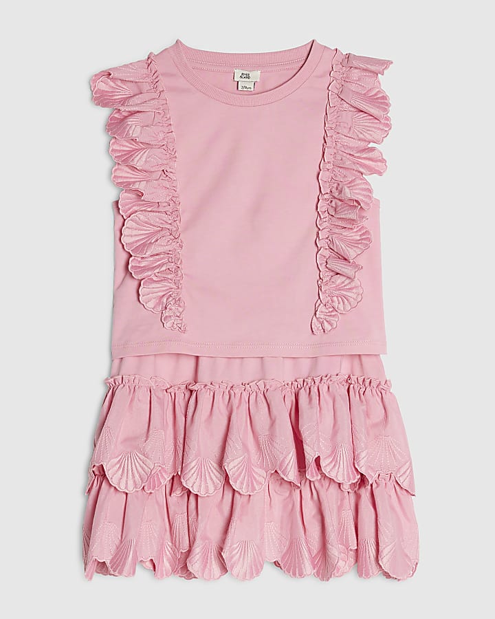 Girls Pink Sleeveless Top And Shell Skirt Set