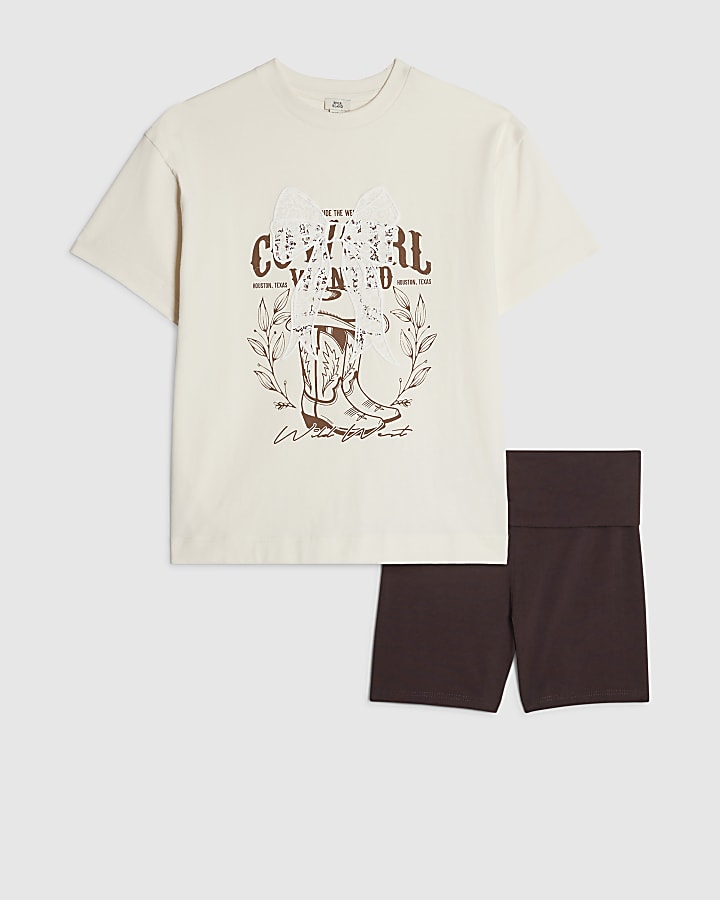 Girls Cream Cowgirl Cycle Shorts Set